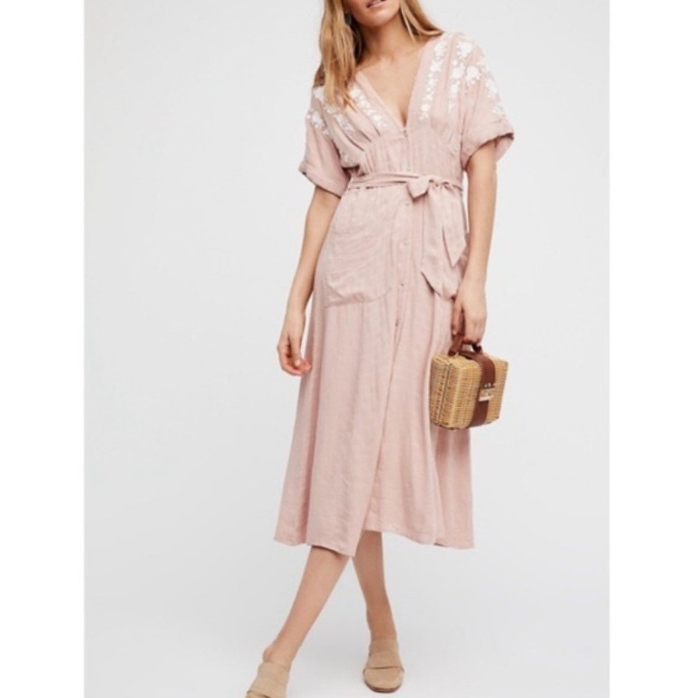 Free People Pink Midi Dress with White Embroidery